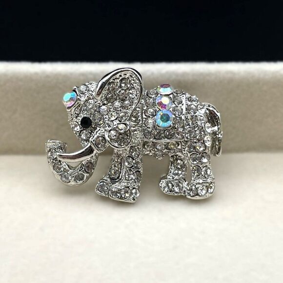 Silver with White Diamond AB and Black Onyx Crystal Elephant Pin Back Brooch - Picture 3 of 7